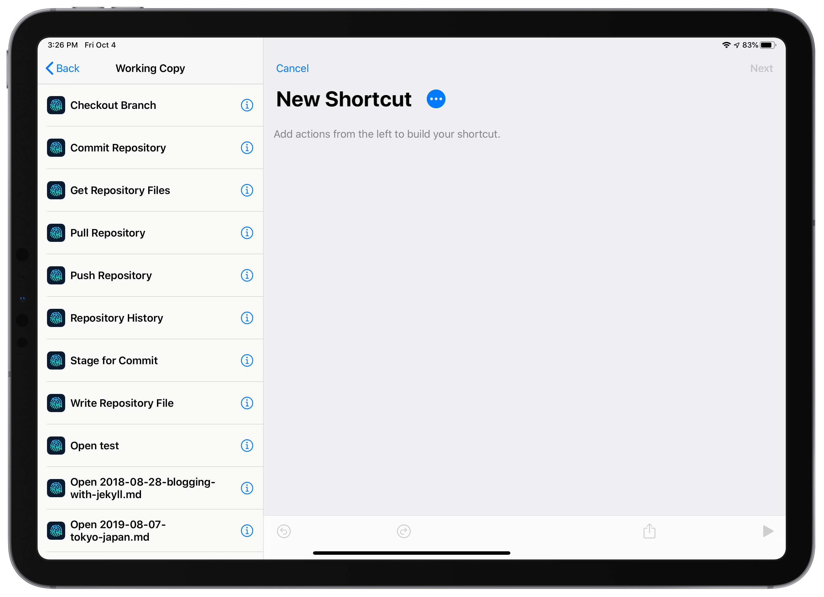 List of Working Copy Actions