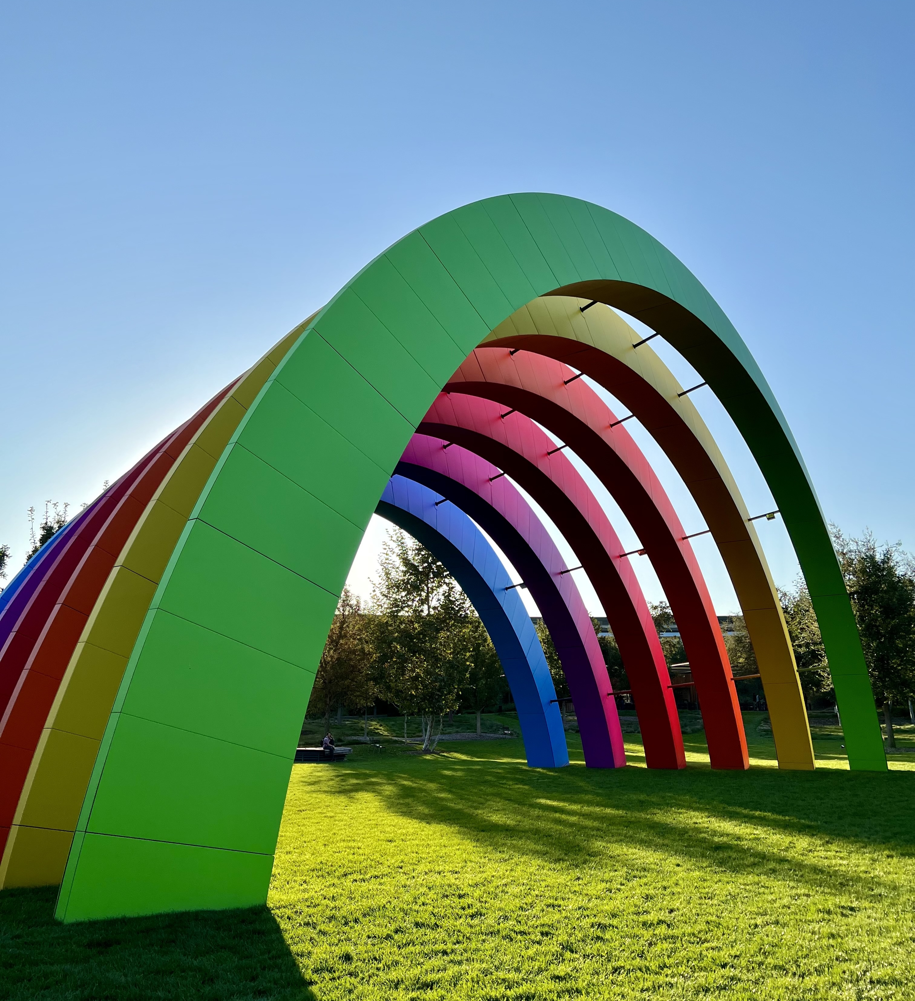 The rainbow stage inside of Apple Park, on a beautiful sunny day