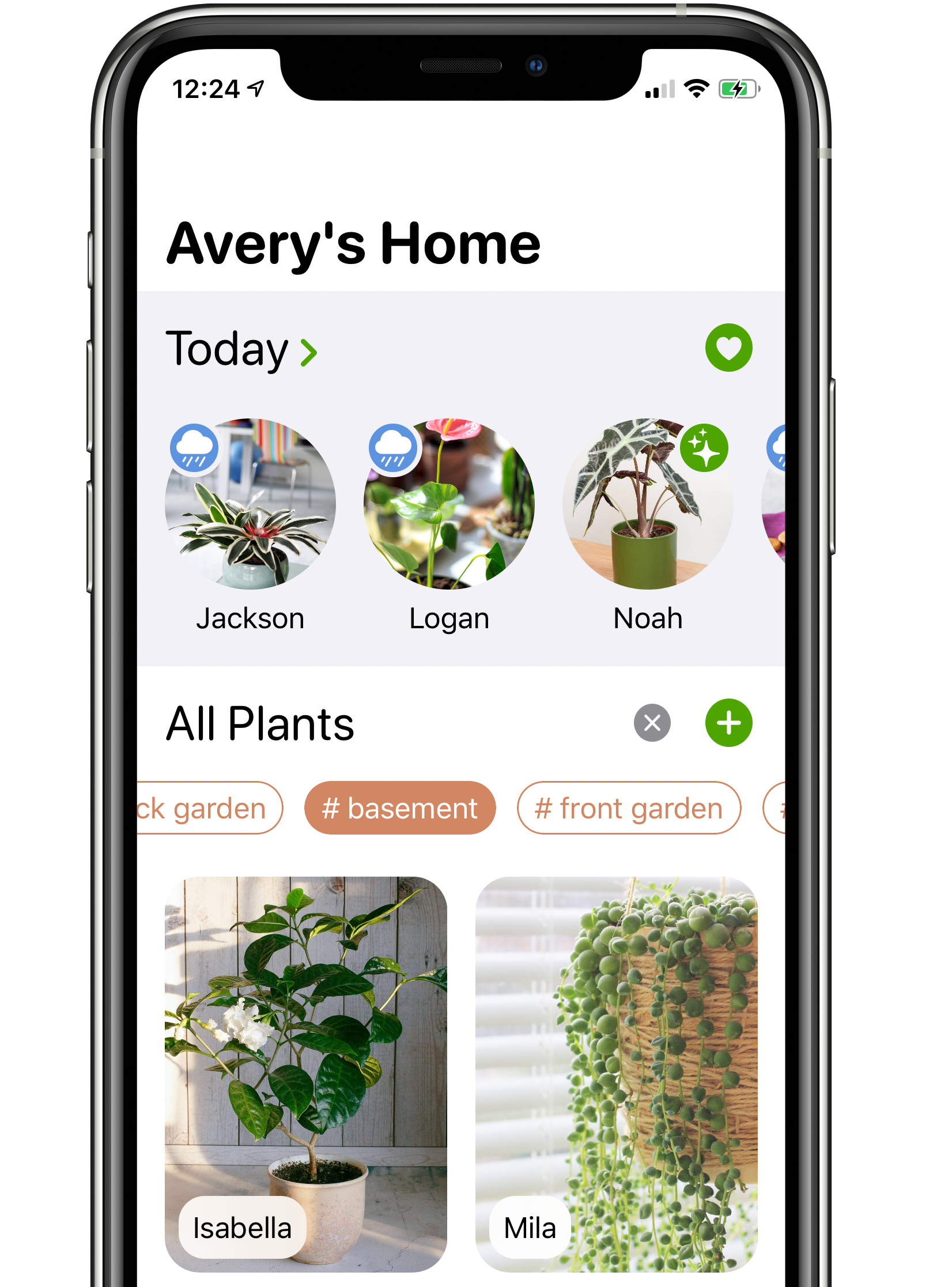 Two iPhones displaying the Droplet app. The one on the left shows a collection of all of the plants in the hosuehold, highlighting those that need care today at the top. The one on the right shows details about a specific plant, including a photo, a description, and a watering/fertilizing schedule.
