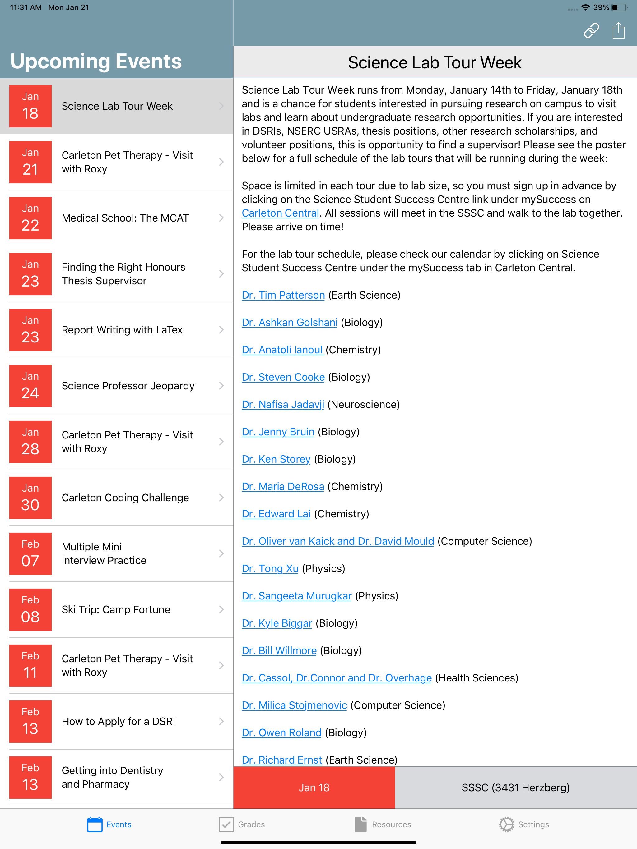 A screenshot of the app on an iPad in portrait orientation. The left column shows a list of upcoming events, and the right column shows details for the selected event.